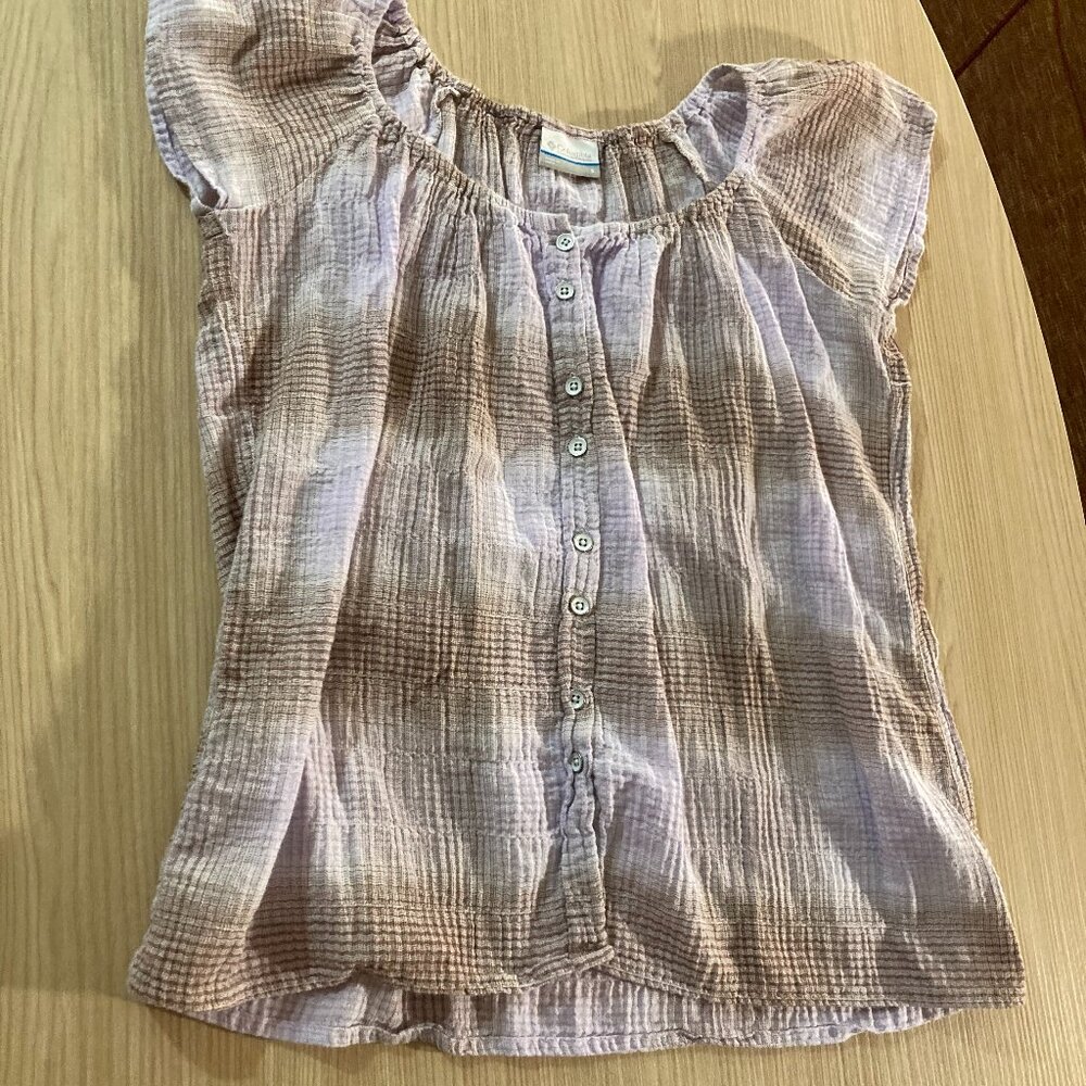 Columbia Purple and Gray Button Front Top Small Short Sleeve Textured
